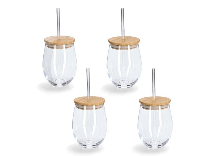 Gläser-Set ZELLER PRESENT, transparent, B:9,2cm H:12,6cm Ø:9,2cm, Glas, Silikon, Trinkgefässe, Gläser-Set, 4-teilig, inkl. Trinkhalm, 500 ml
