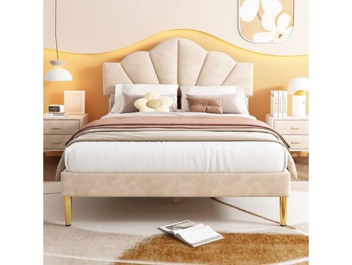 Merax Samt Polsterbett Doppelbett 140x200 cm Muschel-Design mit Goldenen Eisenbeinen und Höhenverstellbarem Kopfteil – Stilvolles Polsterbett mit Holzlattenrost Beige ohne Matratze