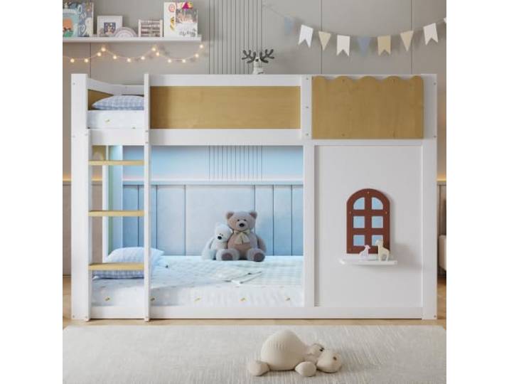 Elaimoros Kinder Halbhochbett 90x200 cm in Weiß und Natur, Holz-Hochbett mit frei gestaltbarem Spielbereich, Wellen-Schutzblende, Fensterdesign, Leiter