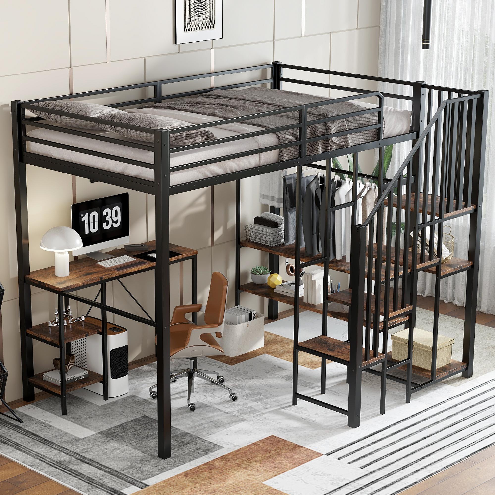 Metallbett mit Rutsche & Stauraum, Etagenbett für Kinder/Jugendliche, inkl. Tisch, Regal & offenem Kleiderschrank, Eisen/MDF, Schwarz Vintage, 120x200