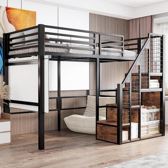 Hochbett - Kinderbett Metall - Platz für den Ersatz - Integrierter Stauraum - 90x200 cm - Schwarz
