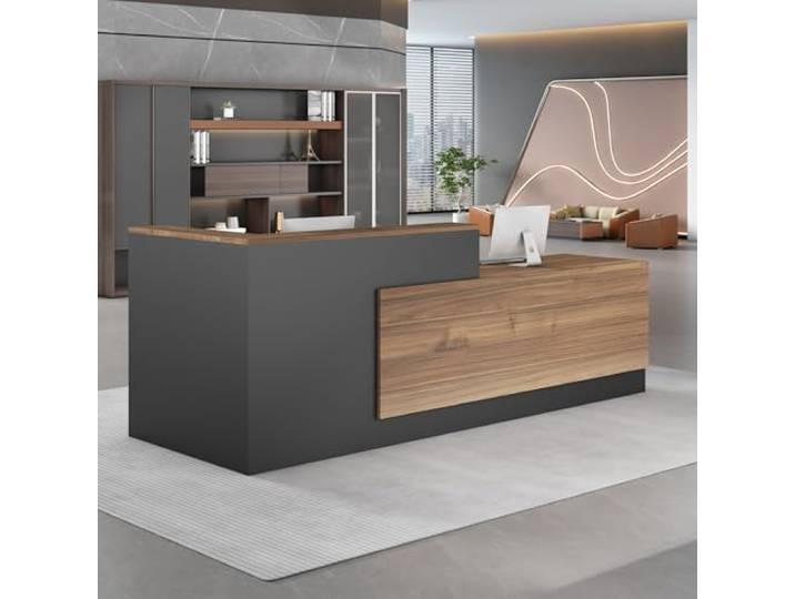 UKETO 160 cm Moderne Empfangstheke aus Holz - L-Form Empfangstresen für Büros multifunktionaler Empfangstisch mit großzügigem Stauraum Geeignet für Büros Rezeptionen Hotels (rechts hoch-A)