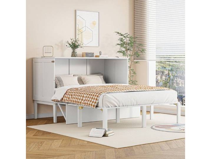 Lit mezzanine 140x200 cm avec sommier à lattes lit escamotable vertical blanc