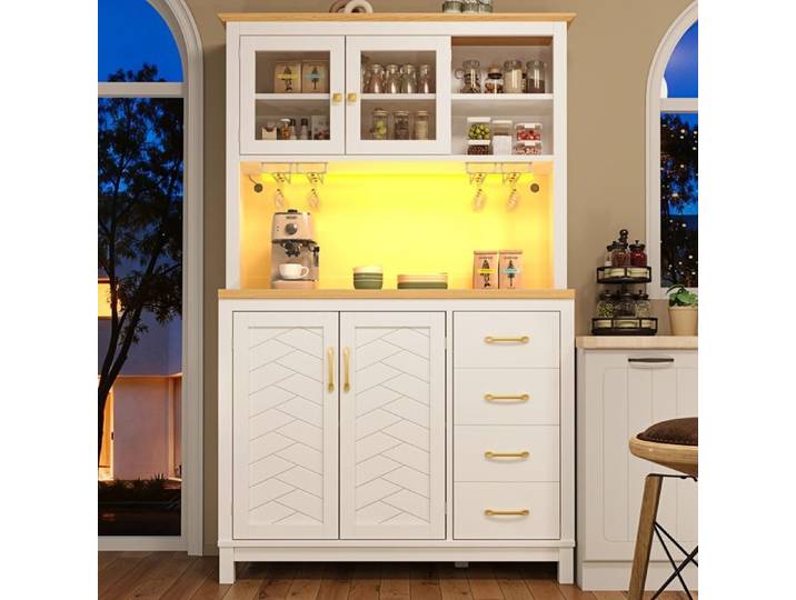 Buffet Cuisine -Meuble de Rangement avec Lumières LED-Placard de Cuisine- avec 4 Portes et 2 Tiroirs- 105.5x40x180cm-Blanc