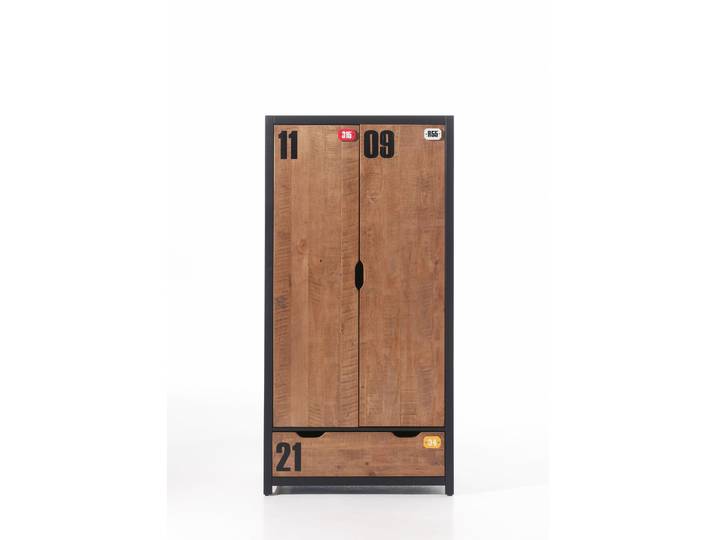 Kleiderschrank VIPACK Alex, Fronten massiv Kiefer in Hobel-Optik, Dekor Ziffern , beige (industrie), B:100cm, Schränke, Kleiderschrank, inkl. Schublade/n, innen mit Kleiderstange