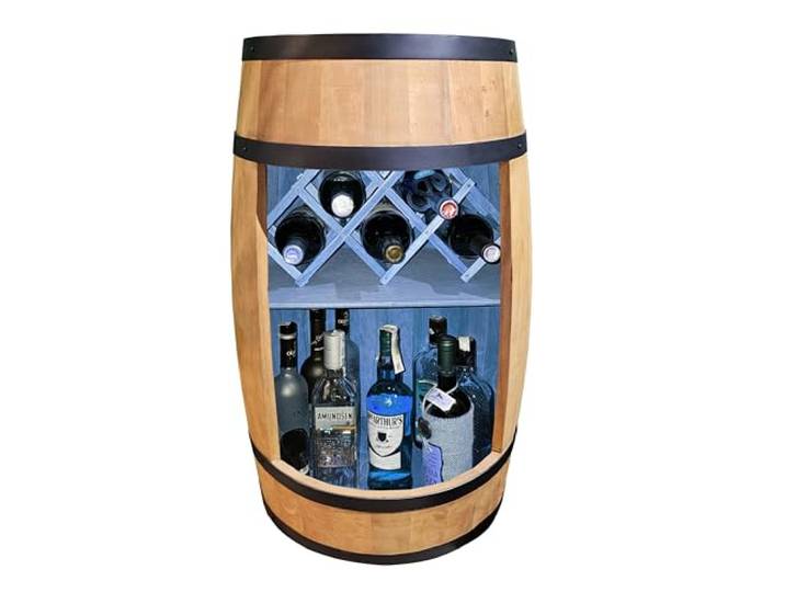 CREATIVE COOPER Fass bar LED RGB mit Weinhalter - Weinregal - Holzfass Hausbar 80x50cm - Rustikaler deko Barschrank Weinständer – Weinschrank (Eiche)