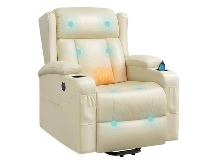 WOLTU Massagesessel elektrisch verstellbar Liegefunktion Kunstleder Beige Fernsehsessel mit bettfunktion Aufstehhilfe, Relaxsessel mit Massage Heizung Fußstütze Seitentaschen Becherhaltern USB-Port