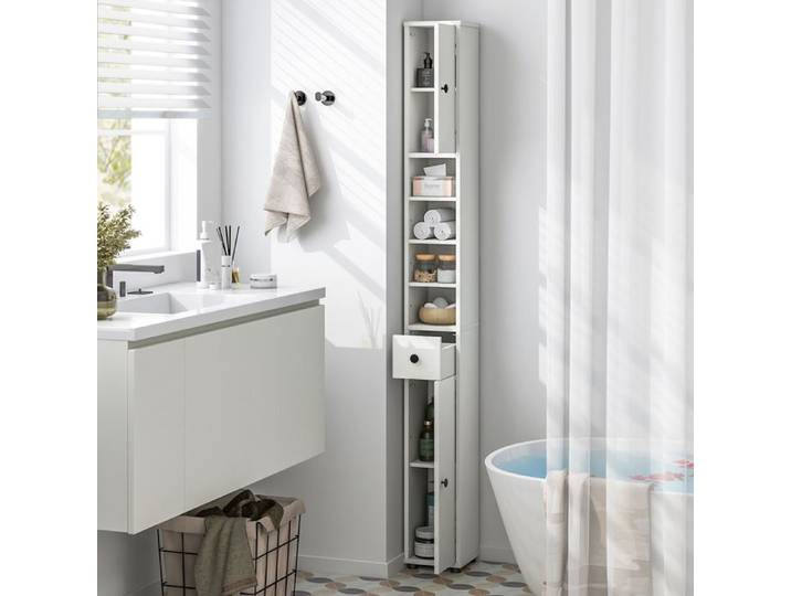 GOPLUS Colonne de Salle de Bain Haute Armoire de Rangement Etroite 1 Tiroir 5 Etagères Réglables Structure Antidérapante