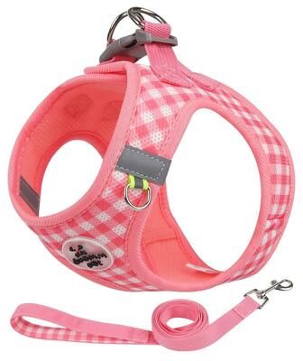 Uplift Essentials Checkered Breathable Reflective Pet Harness And Leash Set pink s