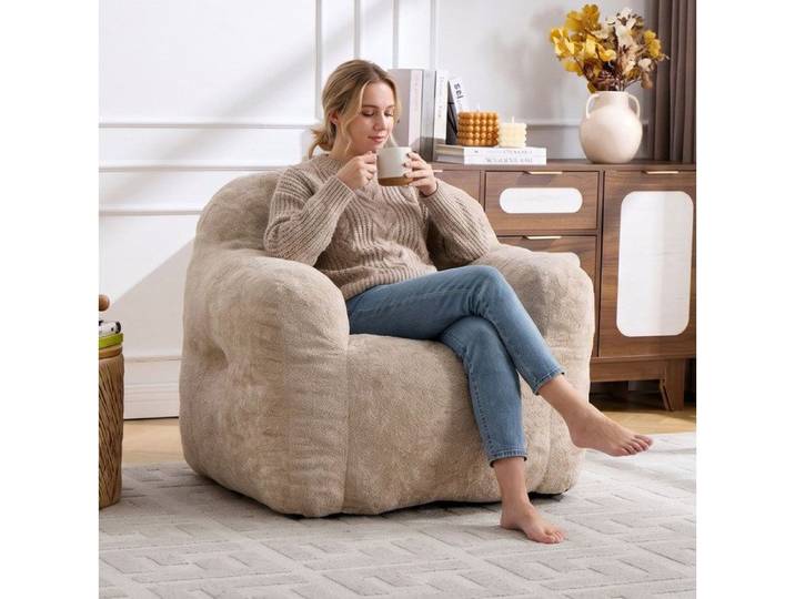VUENOR Fauteuil pouf 95x95x79 cm beige – accoudoirs mousse déchiquetée sans montage