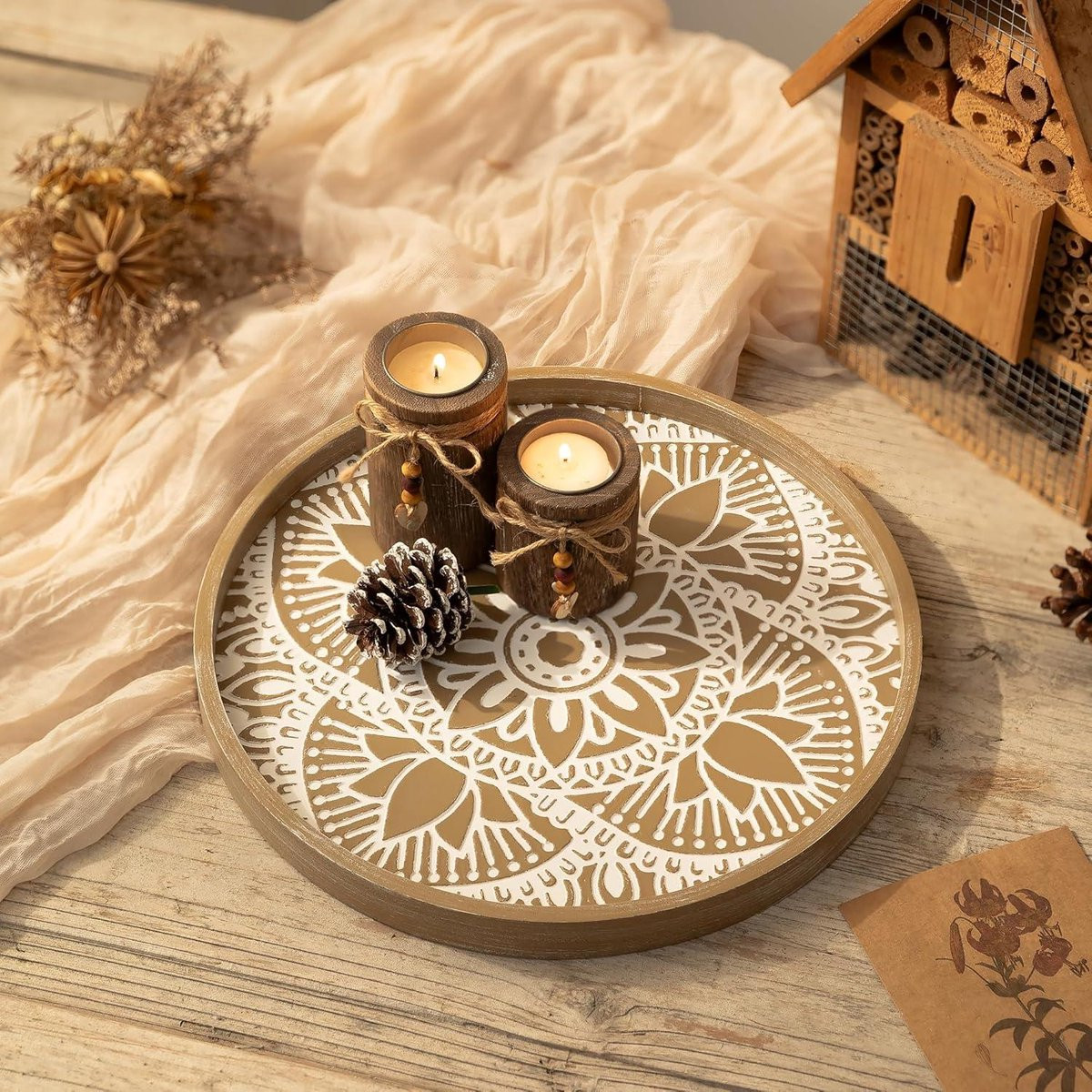 Allecto plus Houten decoratief dienblad - Rustieke boerderij stijl - Wit gewassen met afgeronde randen