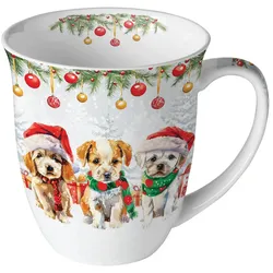 Ambiente Tasse 10cm Porzellan mit Weihnachtswelpen Motiv - 0,4L Keramiktasse Porzellangeschirr Kaffeetasse Teetasse Kakaotasse Weihnachtstasse Porzellantasse