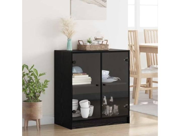 HEFZGDB Beistellschrank mit Glastüren in Schwarz-Eiche Optik, moderner Beistellschrank mit Glastüren zur Aufbewahrung für Ihr Wohnzimmer, mit Glasfront zur Aufbewahrung für Deko und