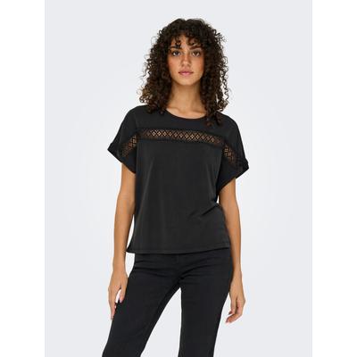 Kurzarmshirt ONLY "ONLFREE LIFE S/S LACE PANEL TOP JRS", Damen, Gr. S, schwarz, Jersey, Obermaterial: 70% Modal, 30% Polyester, unifarben, Rundhals, Shirts