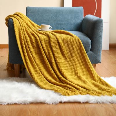 Quick Pick Pro Corn Grain Waffle Embossed Knitted Blanket, Textile City Thickened Winter Warm Throw With Tassels, Decorative Bedspread yellow l