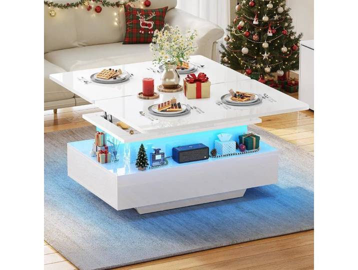 Table basse - YITAHOME - 4 en 1 - Relevable et extensible - Haut brillant blanc - LED réglables 2 tiroirs
