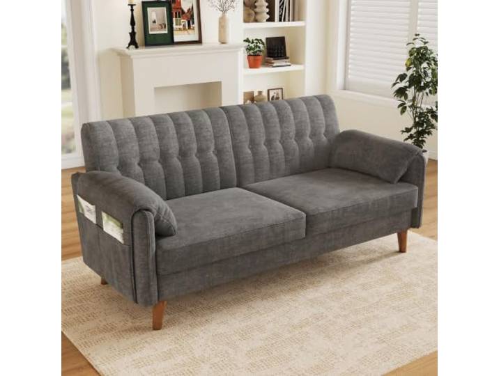 Merax 2-Sitzer Sofa aus Chenille,kleines Sofa,Dicker Polsterung,Hellgrau Getuftete Rückenlehne, Taschenfederkern, 2 Armlehnenkissen, Seitentaschen