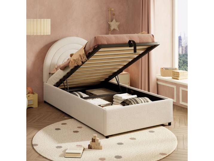 Lit simple 90x200 beige bouclé avec sommier lattes et tête de lit enfant ado adulte montage facile