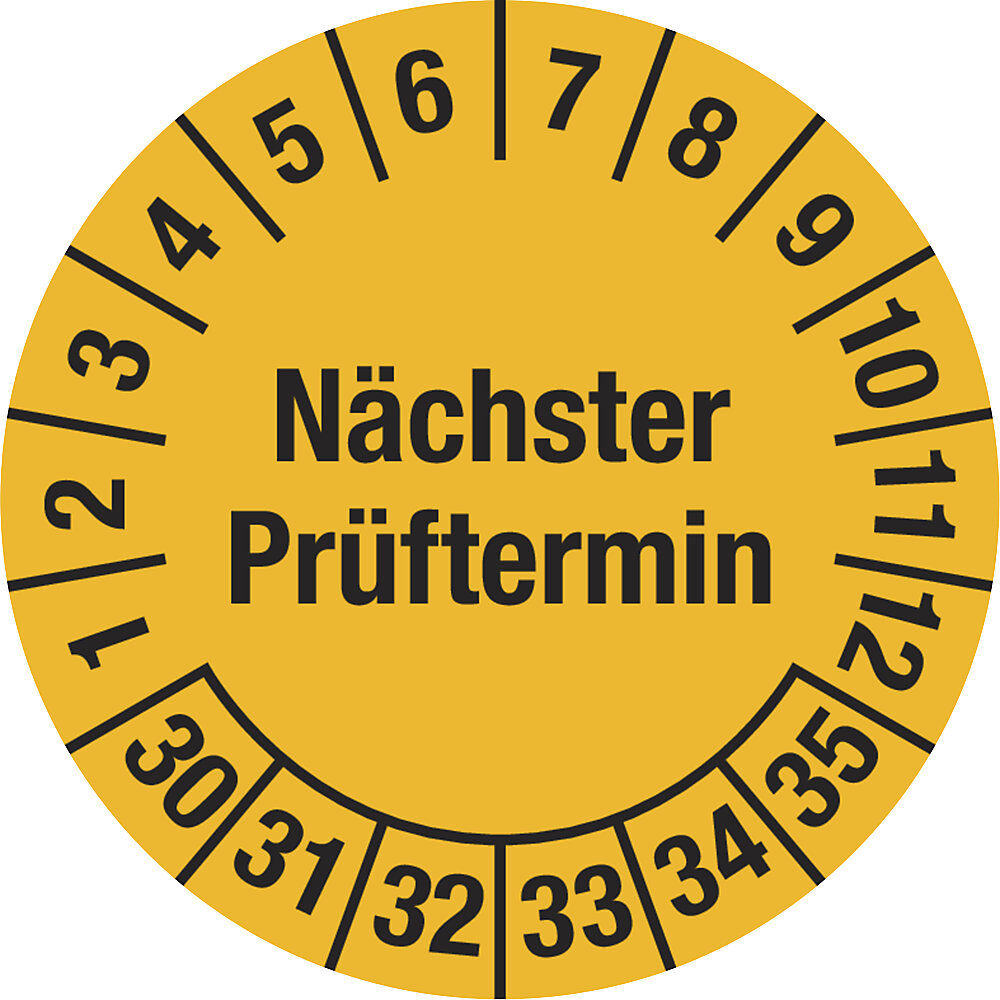 kaiserkraft Mehrjahresplakette, Nächster Prüftermin, Dokumentenfolie, Ø 20 mm, 30 - 35, gelb