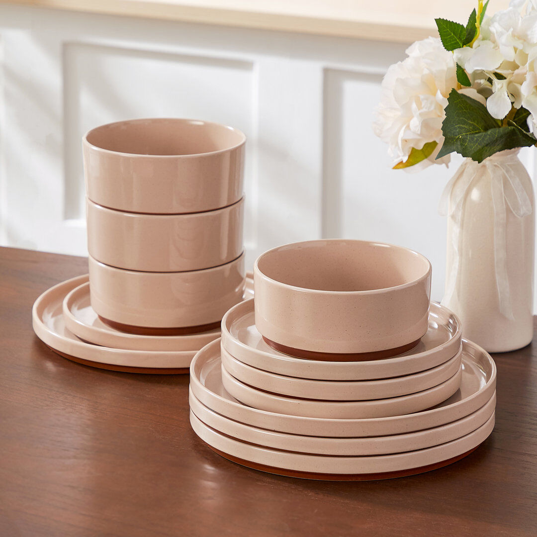 MALACASA 12-Piece Sesame Glaze Stoneware Dinnerware Set, Service For 4 Brown/Pink 12