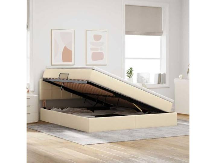 KTHLBRH Boxspringbett mit Matratze, Creme, 160 x 200 cm Minimalistisches Design, stabiler Rahmen, Hebemechanismus, rechteckige Form