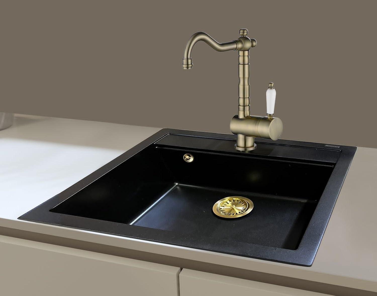 Küchenspüle SQQ100-601 + TAP 2473-311, (2St), Einbau Granitspüle, Spüle Retro Schwarz+Vintage, Retro Küchenarmatur, 565x510 mm