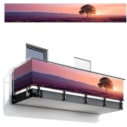 BALKON-SICHTSCHUTZ Baum - Heidekraut - Sonnenaufgang Balkon Deko 500x75 cm