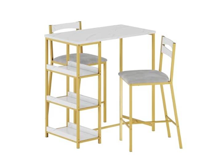 Litake Esstisch Set Für 2 Mit 3 Aufbewahrungsregalen, Küchentisch & Stühle Für 2 Polsterstühle & Dicke Holzplatte, 3-Teiliger Esstisch Set Für Kleinen Raum, Wohnung, Studio, Marmor Weiß