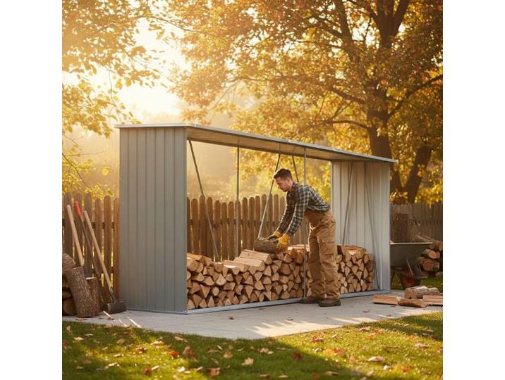 Abri de rangement pour bois gris 330x84x152 cm en acier galvanisé, abri à bûches extérieur ventilé et résistant aux intempéries