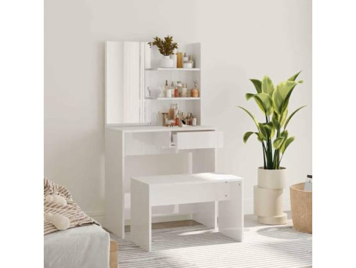 Schminktisch-Set Hochglanz-Weiß 74,5x40x141 cm mit Hocker und Spiegel Holzwerkstoff, stabil, viel Stauraum, mit Spiegel, modernes Design, für Schlafzimmer und Ankleide