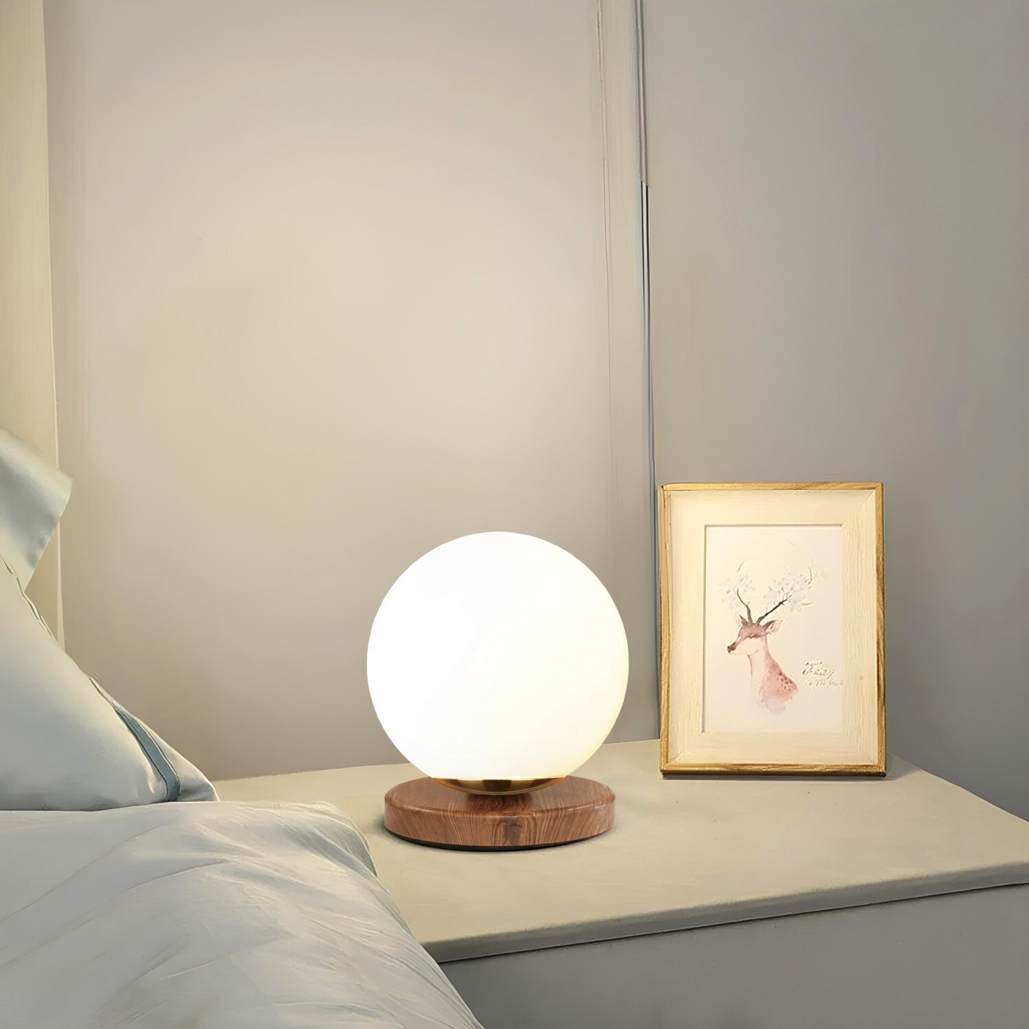 Opviq Moderne Tafellamp met Houten Behuizing en Glazen Kap, Wit, H 22 cm, B 15 cm