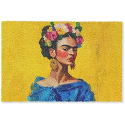 FUSSMATTE Frida Kahlo - Frau - Gelb - Blau - Blumen Schmutzfangmatte 120x80 cm