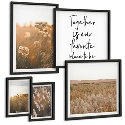 BILDER SET 5er Set - 50x50 cm & 20x30 cm & 40x60 cm Schwarzer Rahmen - Landschaftsgrasblumen Wärme
