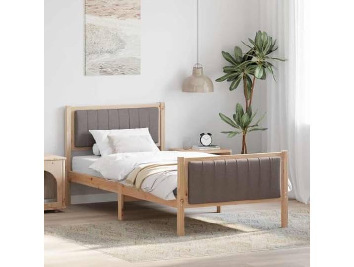 RJPLMFV Bettgestell, 90 x 190 cm, massives Kiefernholz, Braun, Taupe Kopf und Fuß gepolstert, Plattform ohne Lattenrost, modernes Design