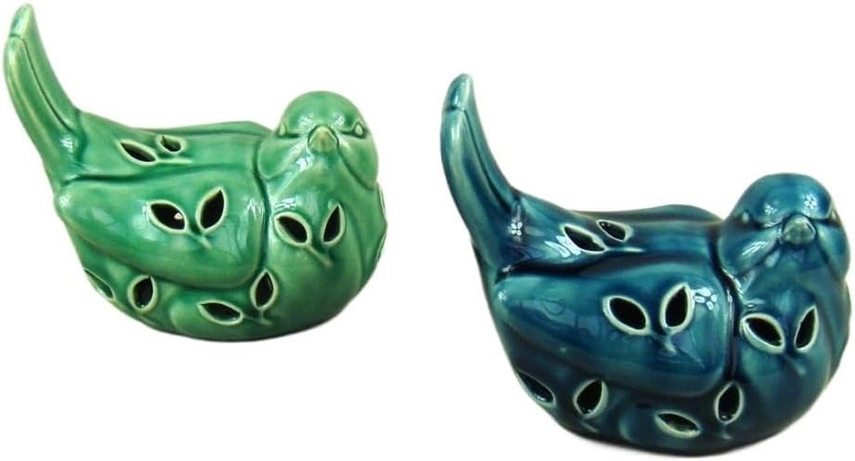 Handgemaakt Keramiek Vogel Beeldje Liefdes Beeld Groen Blauw Hoogte: 11 cm