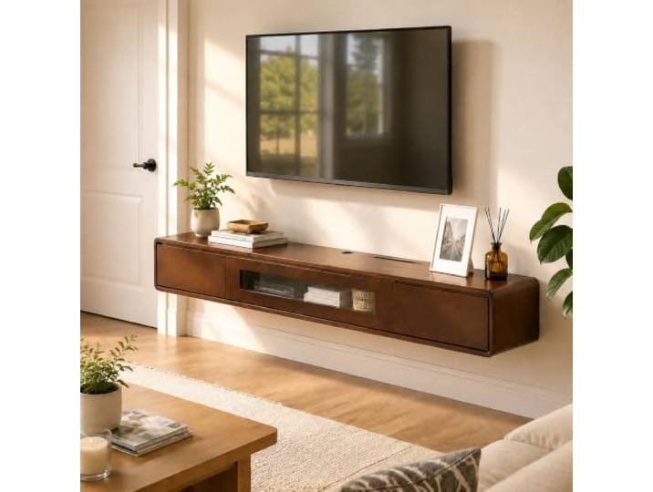 TV-Lowboard Hängend mit TV-Kabelöffnung und Öffnung für Router-Antenne TV-Lowboard aus Massivholz mit halboffenem Glasfach für Wohnzimmer und Büro(Black walnut,180cm/70.9in)