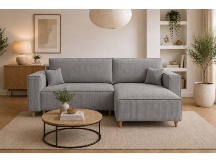 MARPUR Ecksofa mit Schlaffunktion & Bettkasten – Cord Hellgrau – 249x142 cm – Eckcouch L-Form – Schlafsofa Wohnlandschaft – Ottomane Universal – Couch