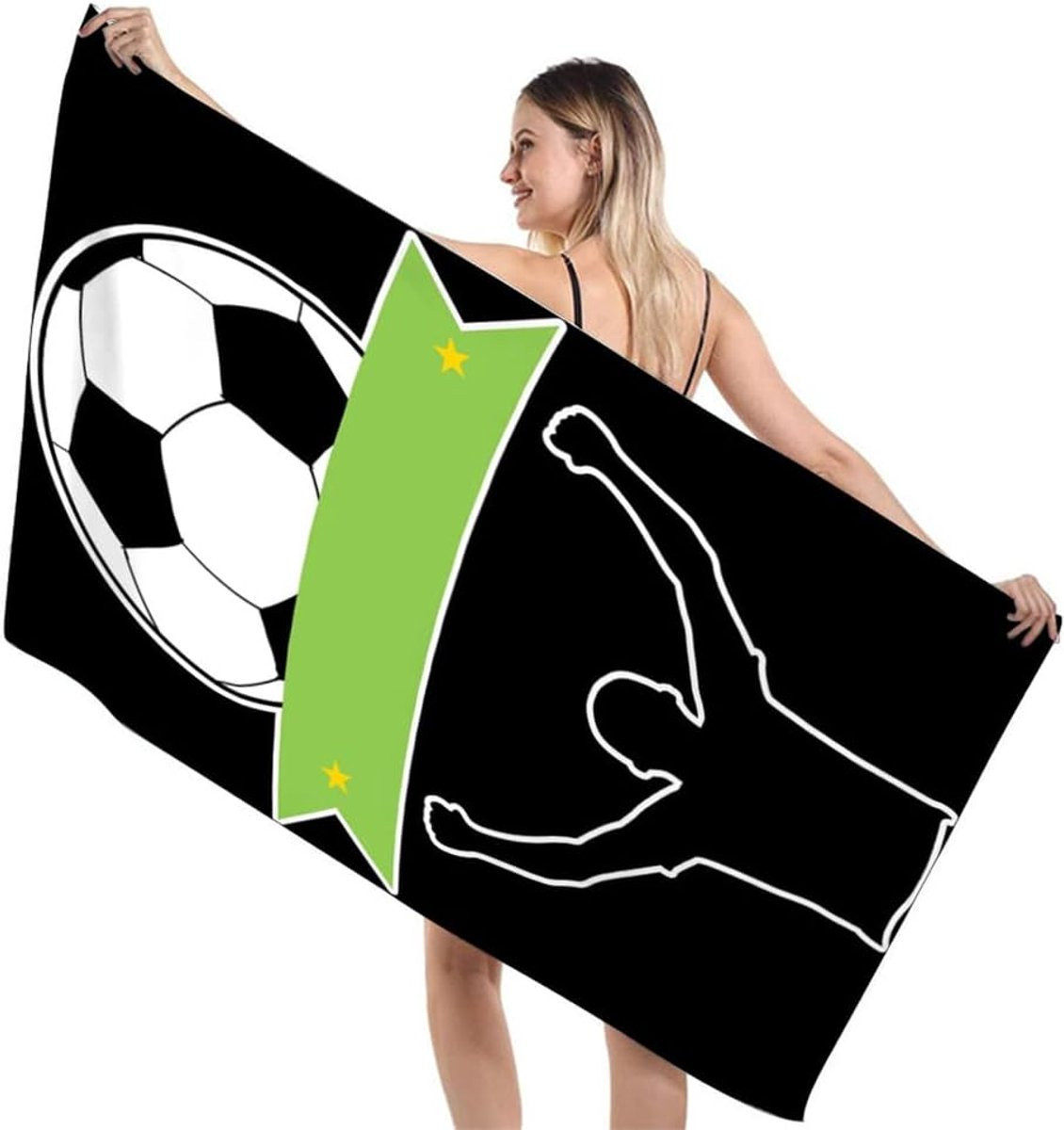 Strandlaken met voetbalpatroon in blauw groen zwart, sneldrogende microfiber badhanddoek, 80 x 160 cm