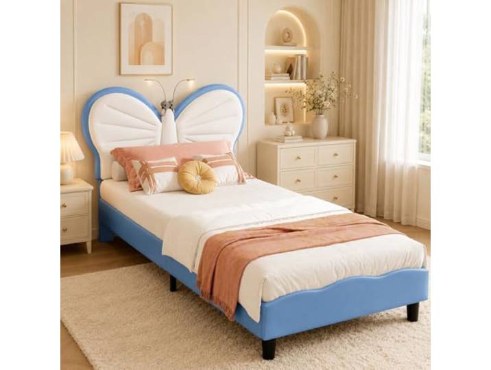 OLIVIBED Kinderbett 90x200, Mädchenbett mit Lattenrost, Polsterbett mit Verstellbares Kopfteil in Schmetterlingsform, Einzelbett für Mädchen, Ohne Matratze, Flanell, Weiß und Blau