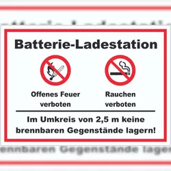 HB-Druck Batterie Ladestation offenes Feuer und rauchen verboten Aufkleber A9 (37x52mm)