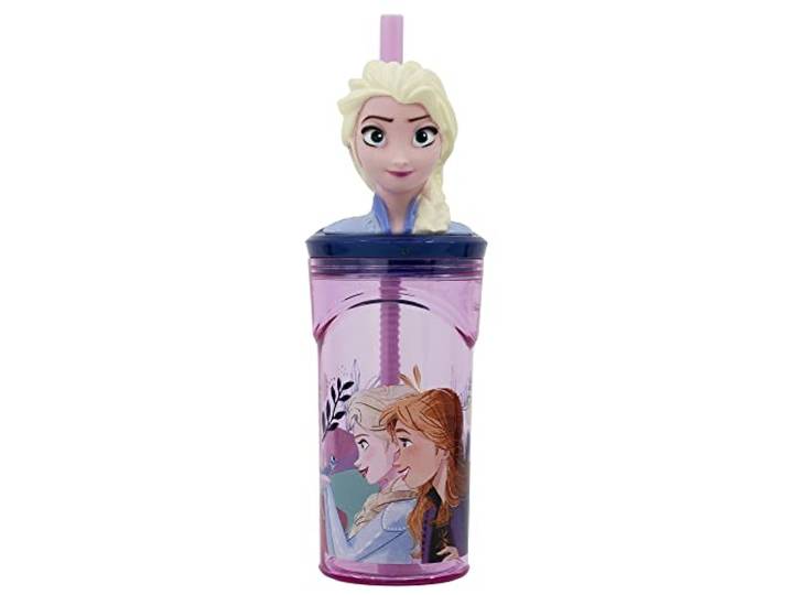 Stor Originele Disney Frozen 3D-beker voor kinderen 360 ml met geïntegreerd rietje en 3D-decoraties in de vorm van een Frozen-hoofd