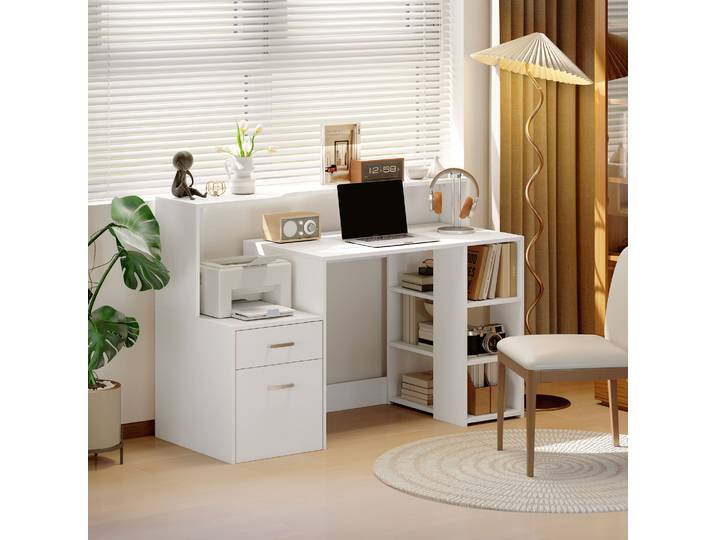 HOMCOM Bureau Informatique Blanc avec Rangement et 2 Tiroirs