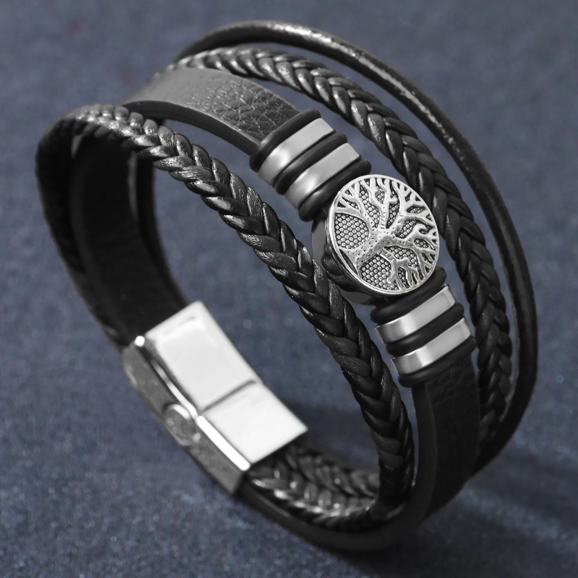 INF Geflochtenes Lederarmband mit Lebensbaum-Anhänger aus Metall