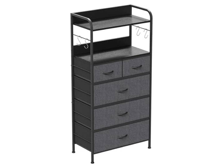 GarveeLife Orizer Flurkommode Schmal Mit 5 Stoffschubladen & Metallrahmen – 2 Offene Ablagen, Seitliche Haken, Platzsparender Flur-Organizer 120×60×30 cm, Tigerstreifen