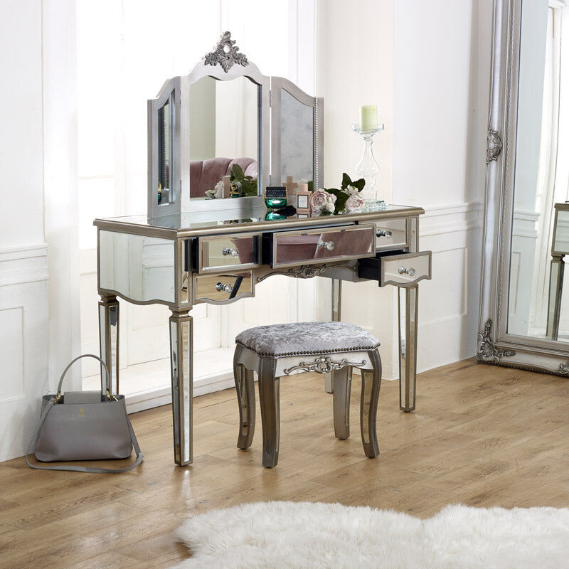 Silver Mirrored Double Wardrobe & Large Dressing Table Set - Tiffany Range Wood, Glass