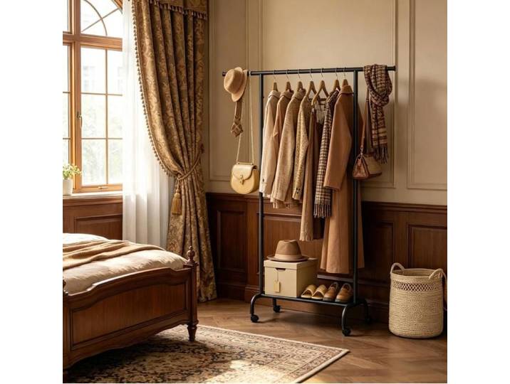 Portant à vêtements mobile Noir – barre extensible 84 à 124 cm – étagère inférieure – roulettes