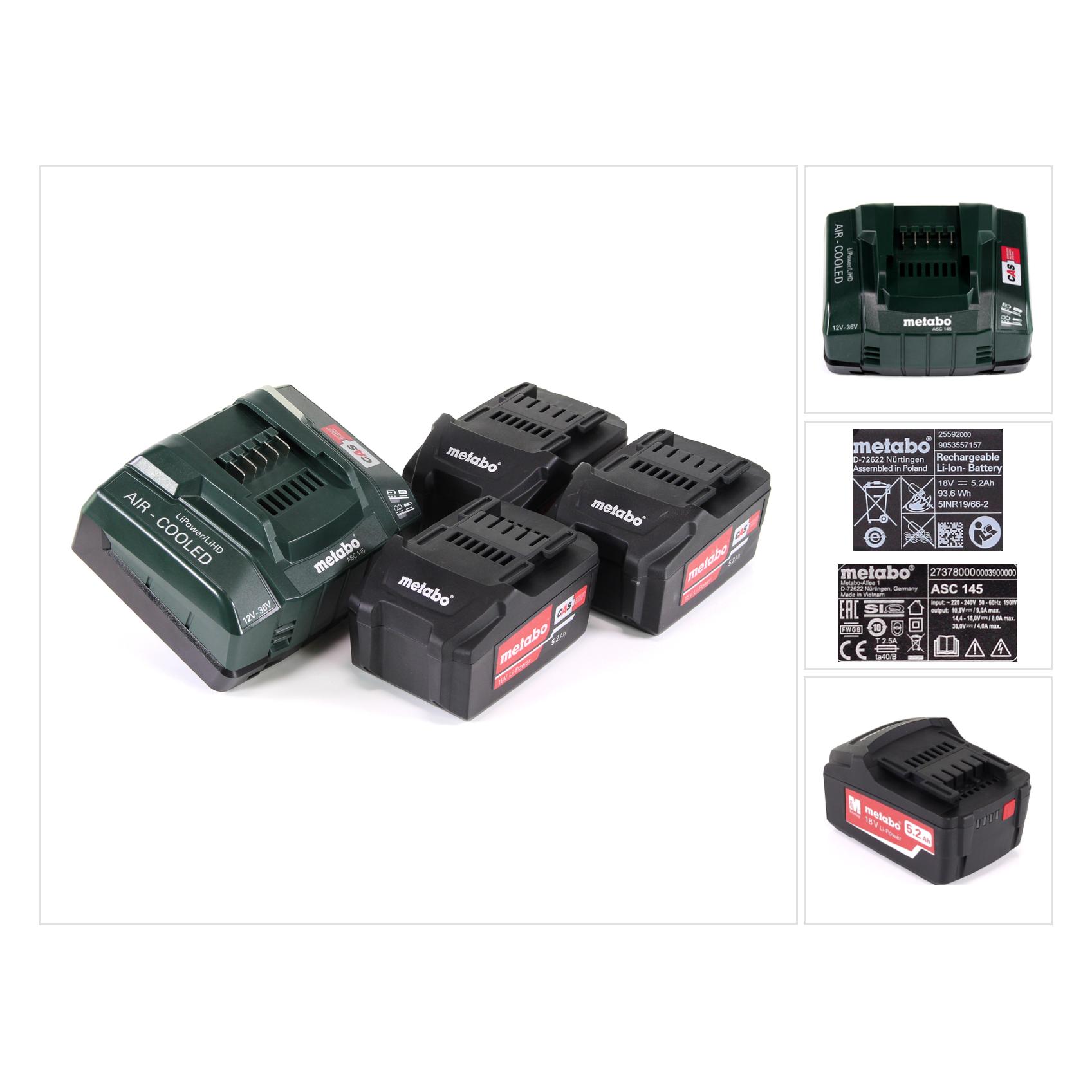 Metabo 18V Ersatzakku 3 x 5.2 Ah + Ladegerät Basic-Set (18 V) (685048000)
