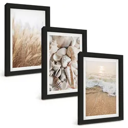 BILDER SET 3er Set - 20x30 cm Schwarzer Rahmen - Strandmotive, Muscheln, Wellen