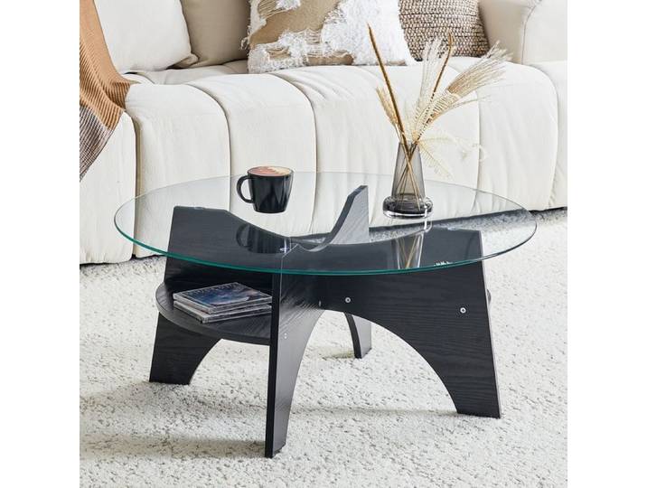 Table Basse Ronde Moderne en Verre Cadre en Forme D'Éventail Pieds de Table en MDF Aspect Noyer Table d'appoint Noir