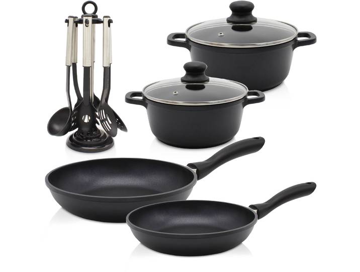 Topf-Set KRÜGER Aluguss Topf-/Pfannenset LEIPZIG inkl. Küchenhelfern, 13 tlg. , schwarz, Töpfe, inkl. 7-tlg. Küchenhelfer-Set